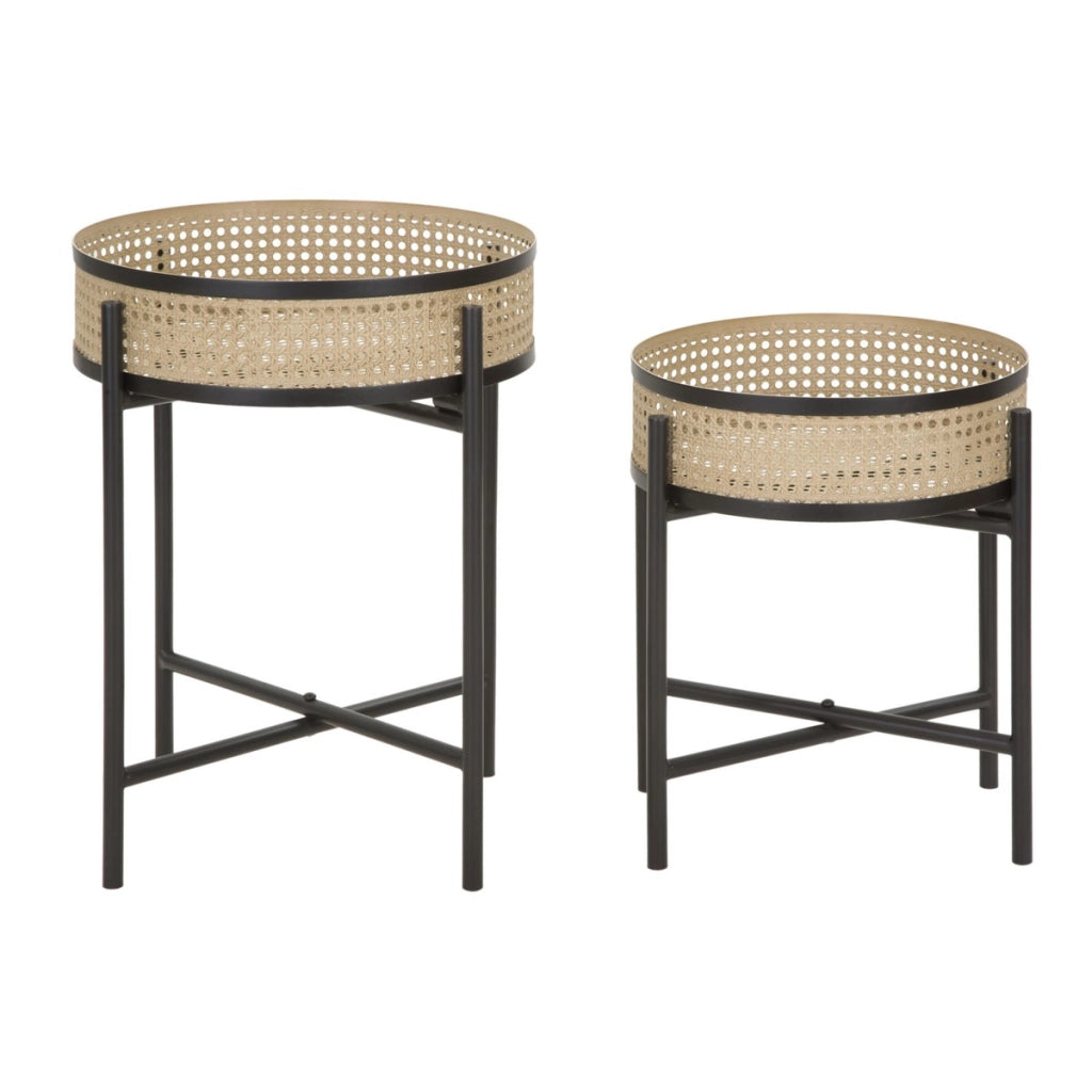 Porta-vasi Fuji in rattan e ferro nero — coppia Ø 40x50 e Ø 35x40 cm