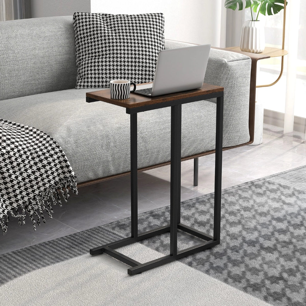Tavolino a forma di C per divano e letto, Tavolino da soggiorno altezza 64cm con struttura in metallo Marrone Rustico