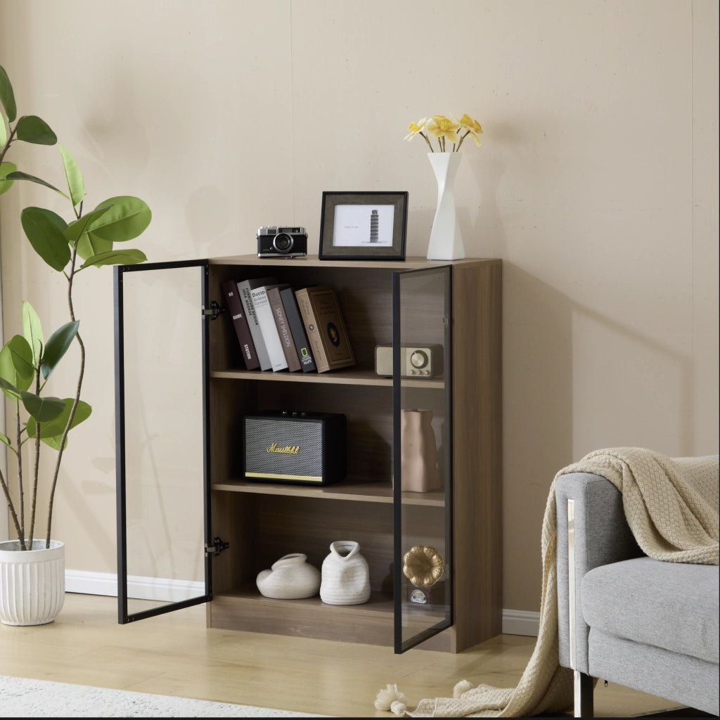 Vetrina in vetro 80x30x106 cm con illuminazione LED e 3 ripiani; vetro e pannelli truciolari noce naturale