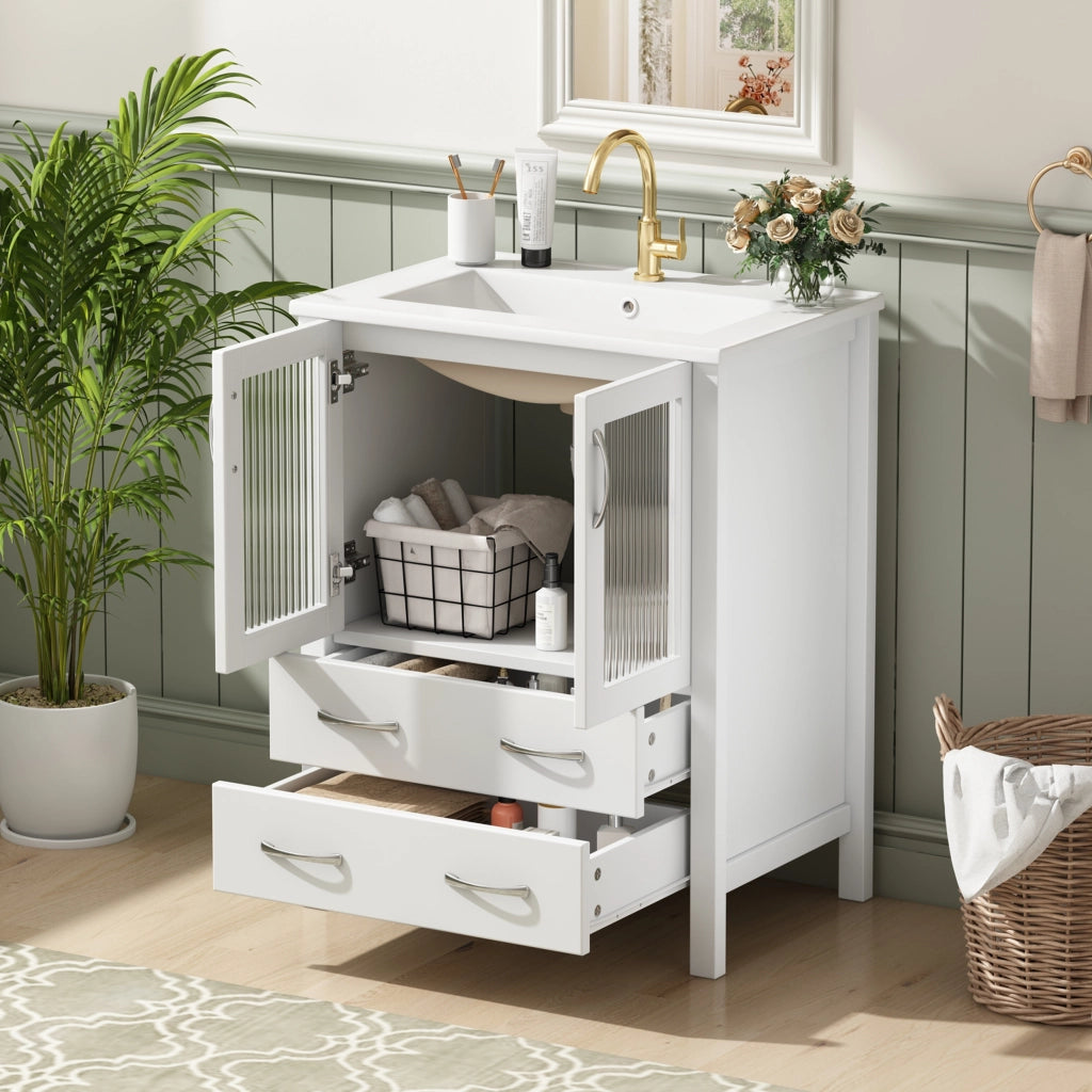 Mobile bagno con 2 cassetti; anta in vetro rigato e lavabo in ceramica con troppopieno per bagno; bianco; 61×47×86 cm
