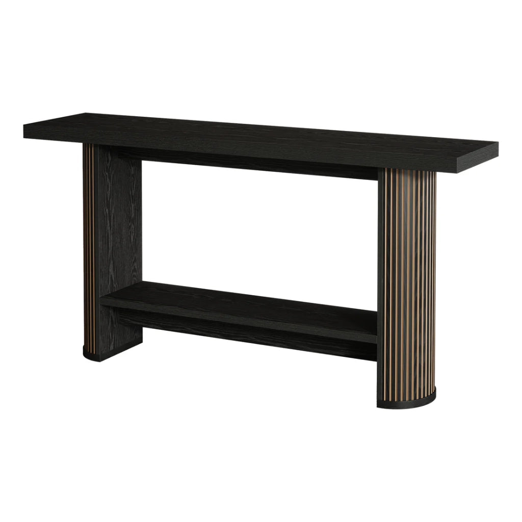 Consolle sottile in legno con piano ampio; design moderno per ingresso e soggiorno; finitura nera; 153×38×16 cm