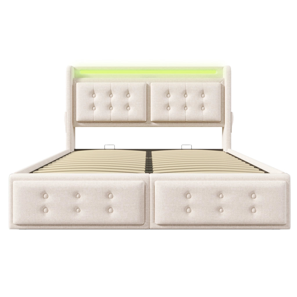 Letto imbottito 140x200 - Zephmum - Testiera in pelle, USB-C, idraulico, rete in legno/metal, 300kg, Beige, Cotone
