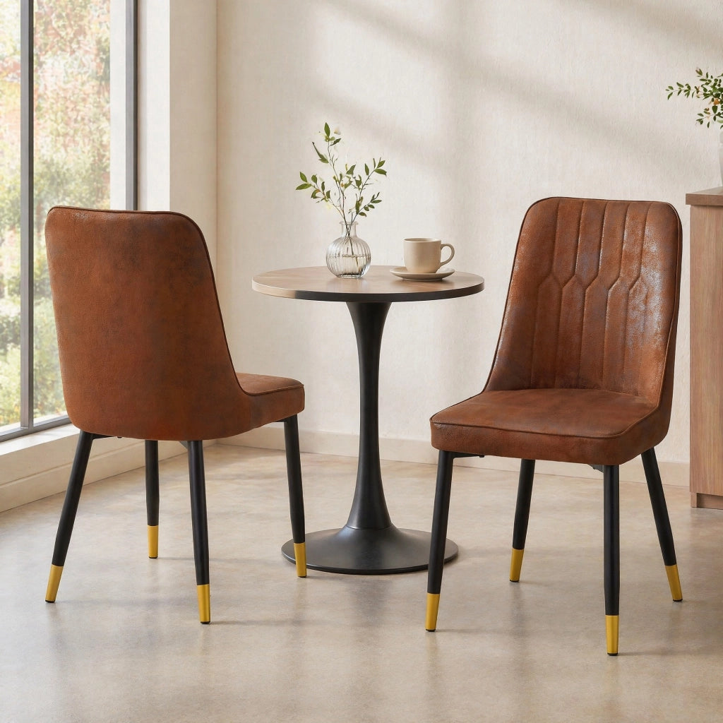 Set di 2 sedie da pranzo moderne in tessuto tech marrone con gambe in metallo nero