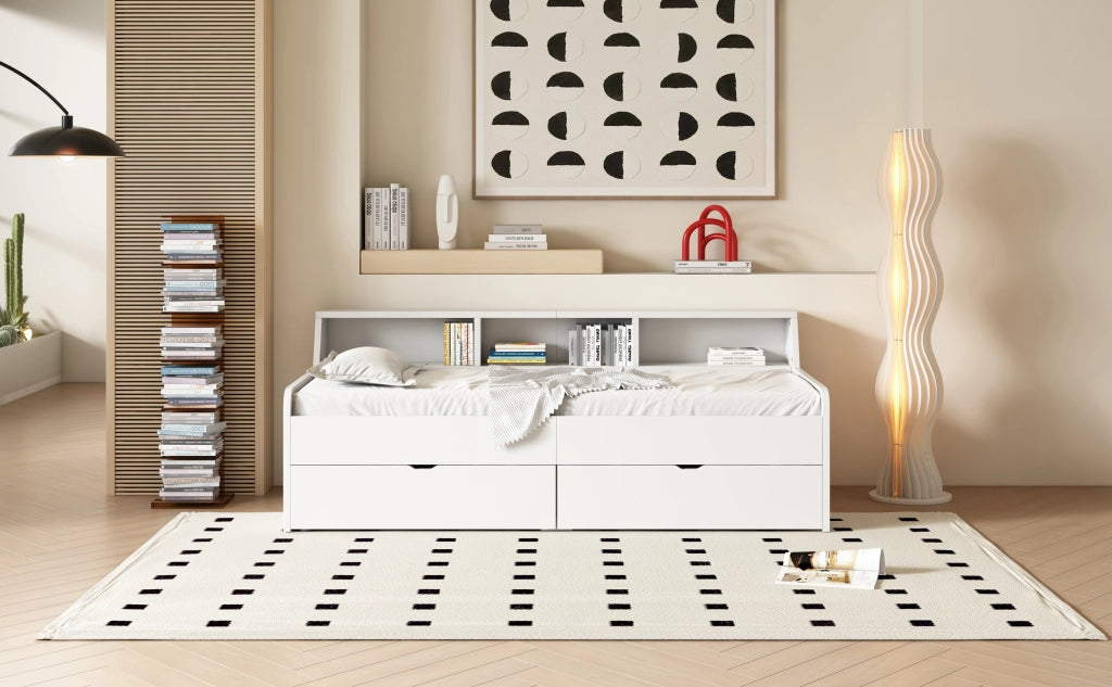 DESMIU Letto singolo 90 × 200 cm con 2 cassetti e 3 vani portaoggetti, senza materasso, in legno di pino e MDF, bianco