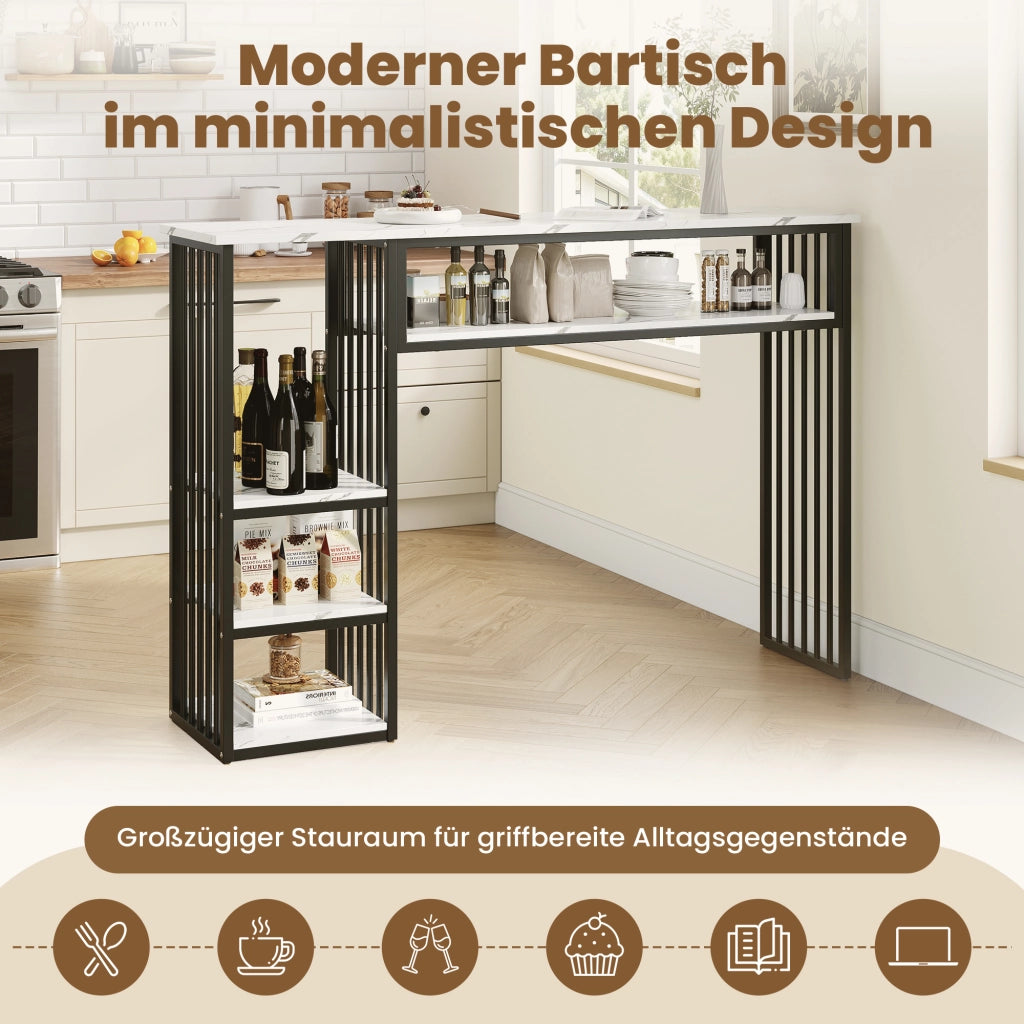 TAVOLO BAR con ripiani 140x40x105 cm MDF effetto marmo Bianco e Nero