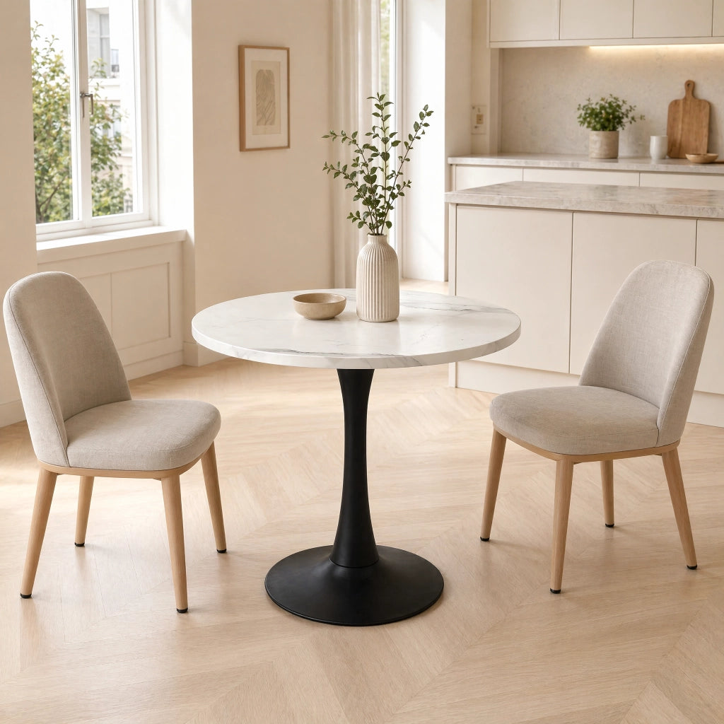 Tavolo rotondo moderno da 80 cm con piano effetto marmo bianco e base in metallo nero
