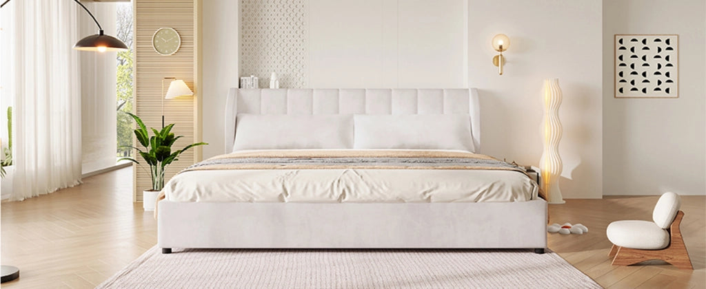DESMIU Letto matrimoniale 180 × 200 cm 2 posti con testiera imbottita, 2 cuscini, senza materasso, beige