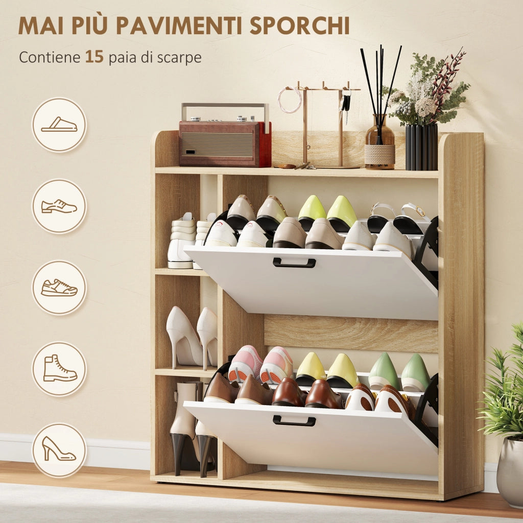 Scarpiera Slim 83x24x90,5 cm con 2 Cassetti Ribaltabili e 3 Vani Aperti Capacità 15 Scarpe Color Legno e Bianco