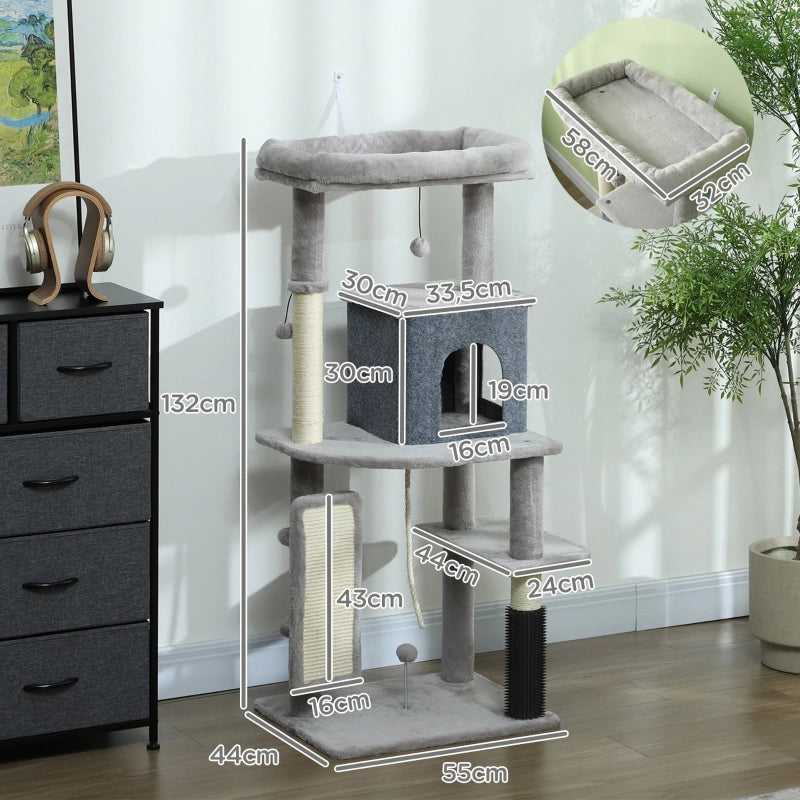Tiragraffi per gatti da 132 cm con pali per graffiare, cuccia, casetta, piattaforme per saltare e spazzola per la toelettatura, colore grigio chiaro.