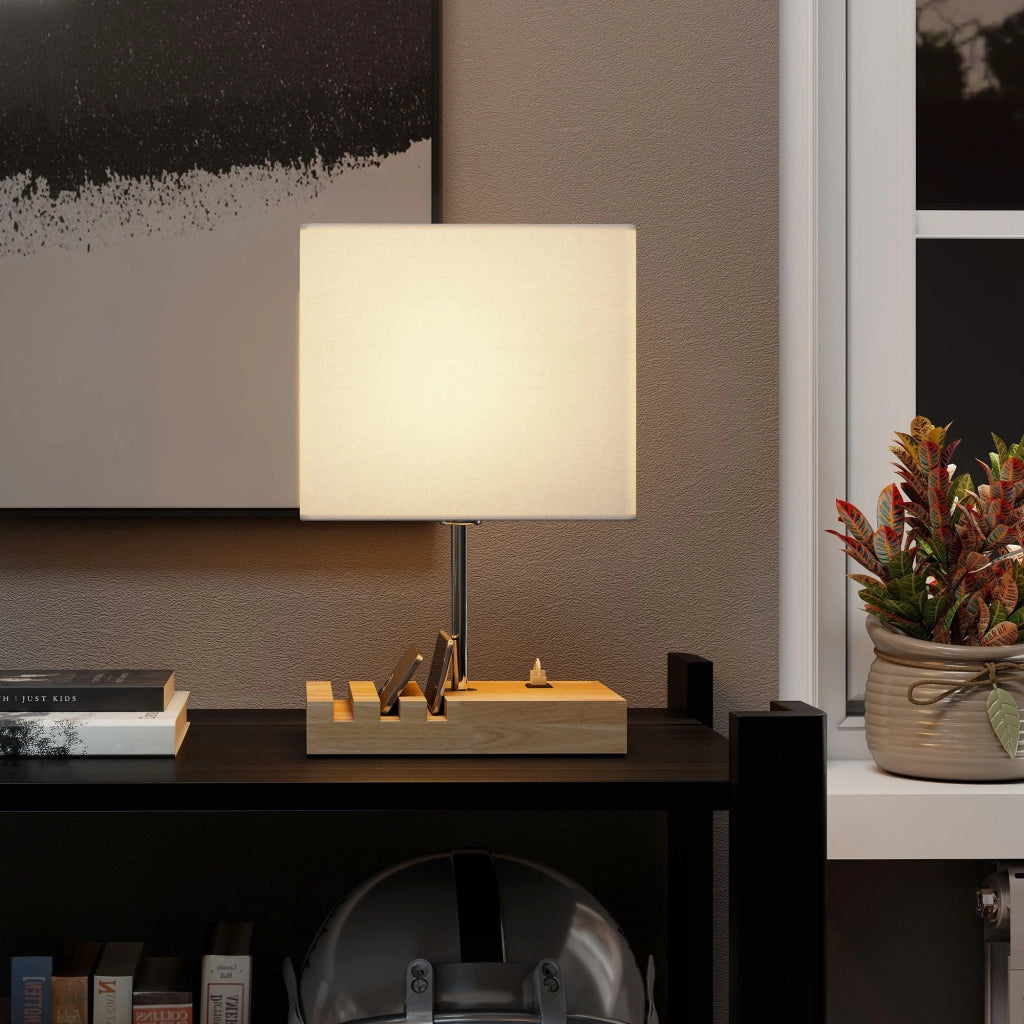 Lampada da Tavolo con Base in Legno e USB ¨C Minimal ¨C Bianco