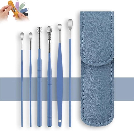 Set di Pulitori per Orecchie con Custodia in Pelle PU (Blu) - Strumenti di Pulizia per Cerume Professionale