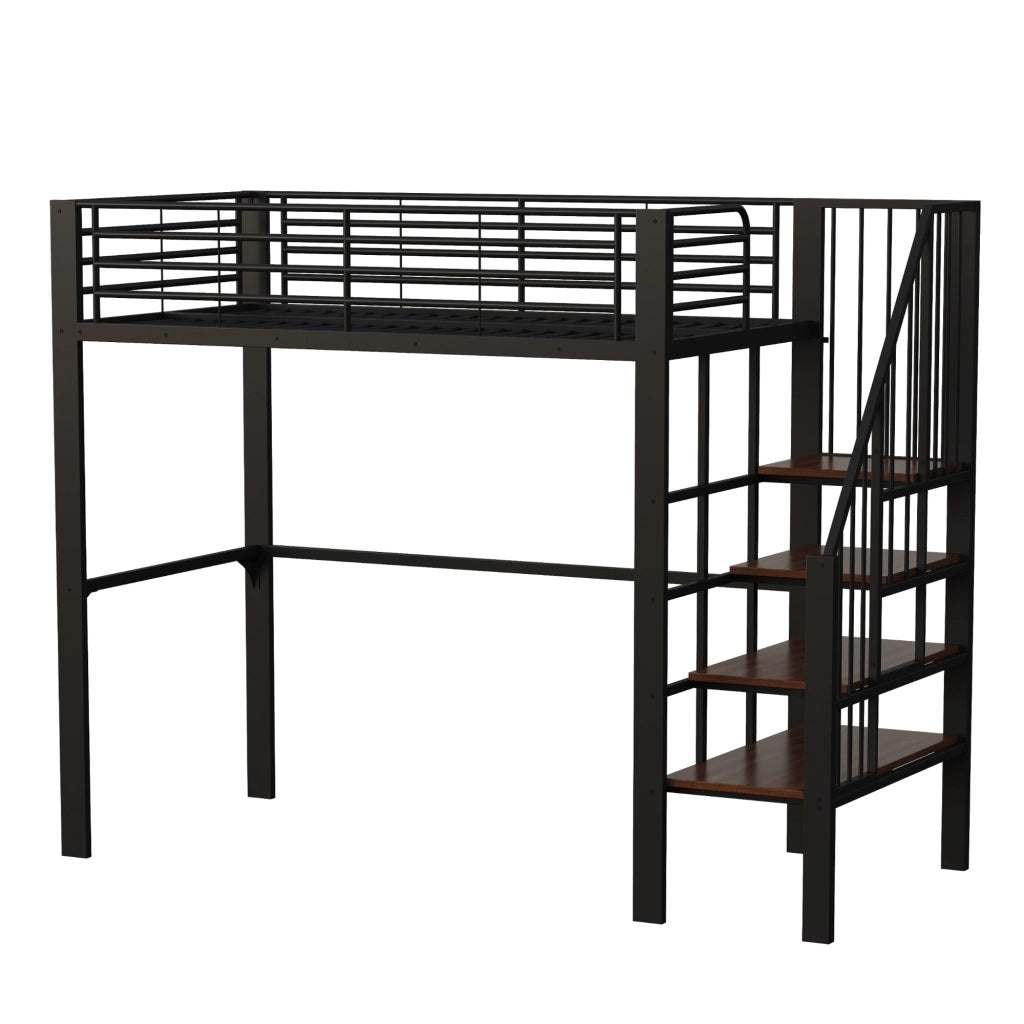 Letto a soppalco singolo 90×200 cm con scala e spazio contenitore; senza materasso; metallo; nero