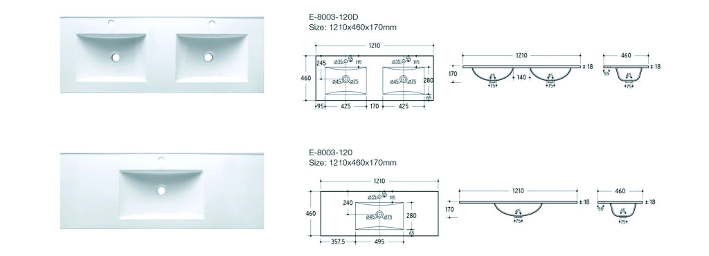 Lavabo per mobile a due vasche 120 cm Lavabi per mobile 121 x 17 x 46 cm