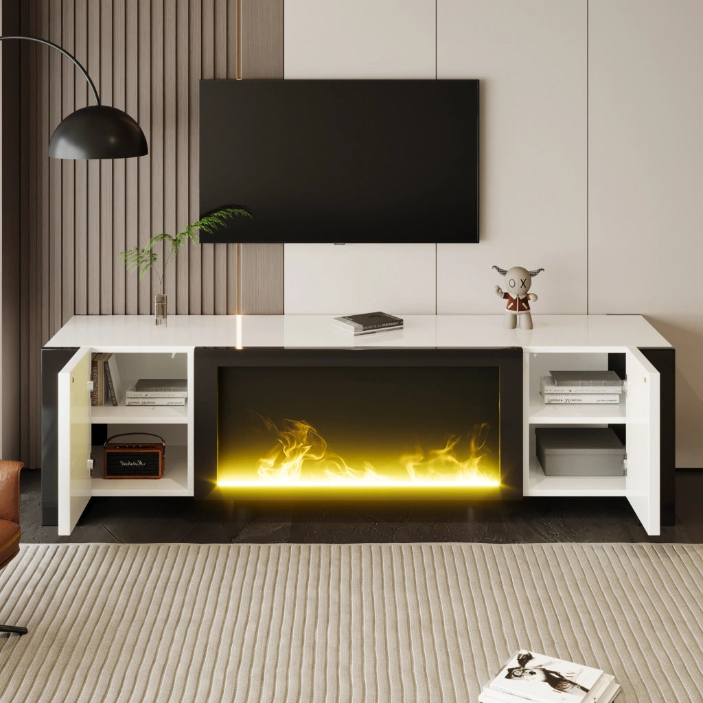 OKWISH Mobile TV con 2 Ante e Ripiani, Camino Elettrico con Effetto Fiamma senza Riscaldamento, per Soggiorno, 165 x 32 x 55 cm