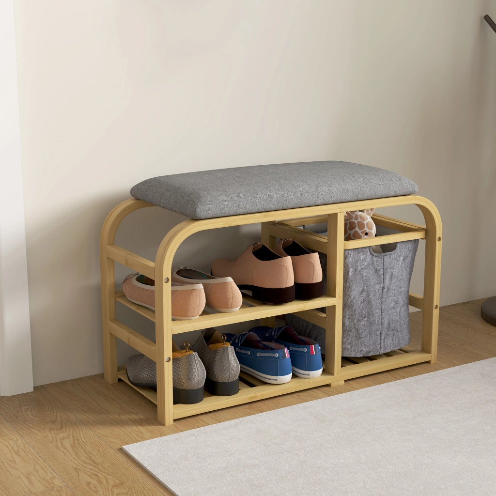 Panca portascarpe con cuscino ¨C Xylo ¨C legno naturale, 2 ripiani e cestino, 70x30x45cm