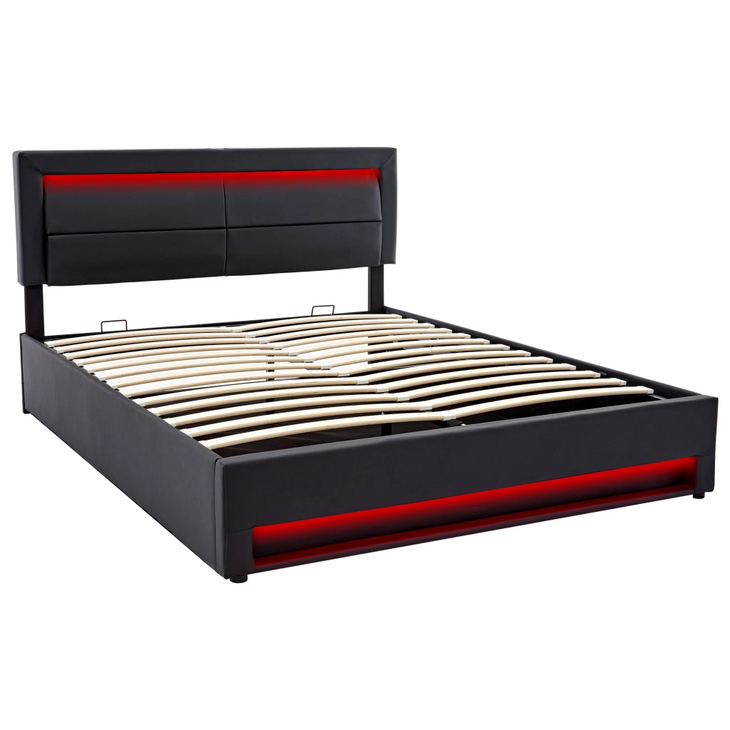 Letto imbottito in PU 140x190cm Lychee nero con porta USB ricarica wireless illuminazione LED e spazio di stoccaggio senza materasso