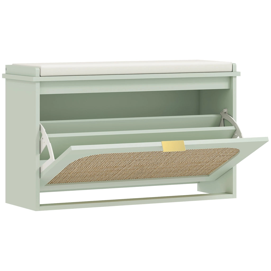 Scarpiera con vano contenitore e cuscino, 8 paia, tessuto effetto lino e MDF, verde e beige