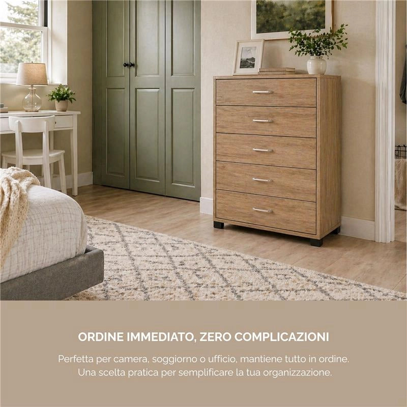 CASSETTIERA 5 CASSETTI IN LEGNO CON PIANO D'APPOGGIO COLORE ROVERE DIMENSIONI 50X40X101CM