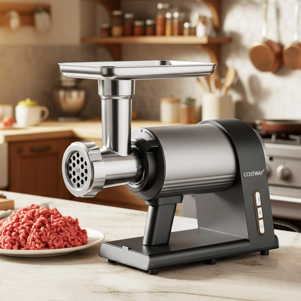 Tritacarne elettrico con insaccatore per salsicce e 3 dischi per macinare, Tritacarne in alluminio per cucina