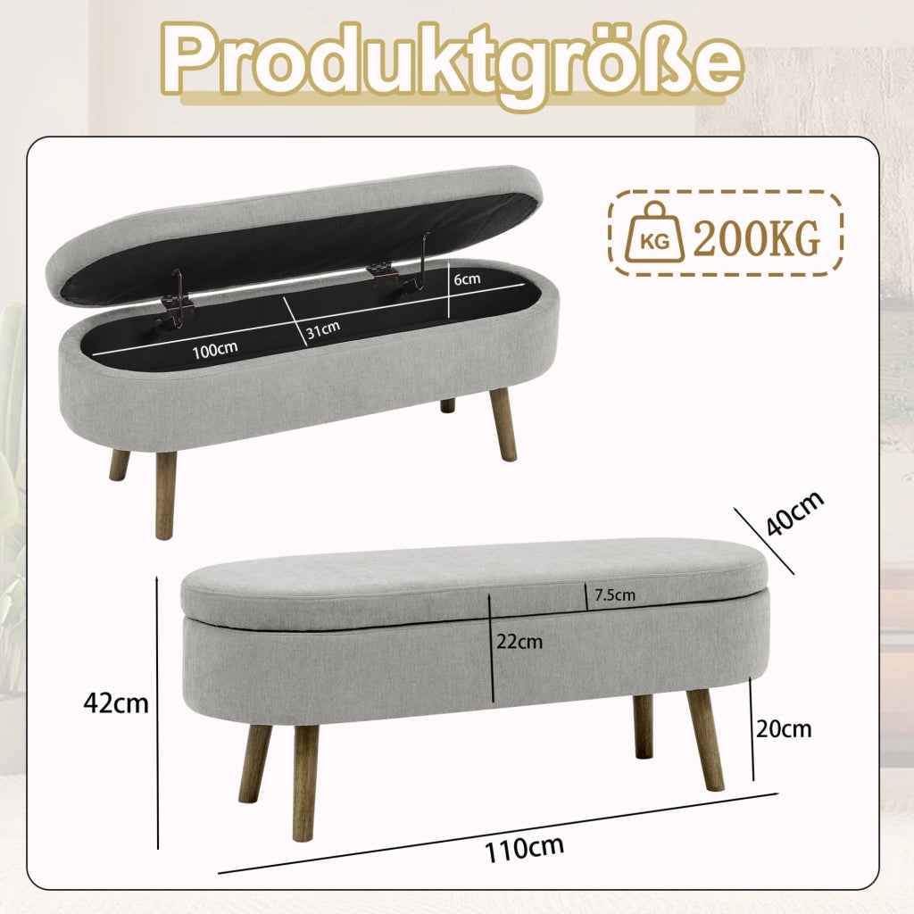 Panca contenitore ovale 110x40x42 cm in tessuto chenille grigio con struttura in legno massello