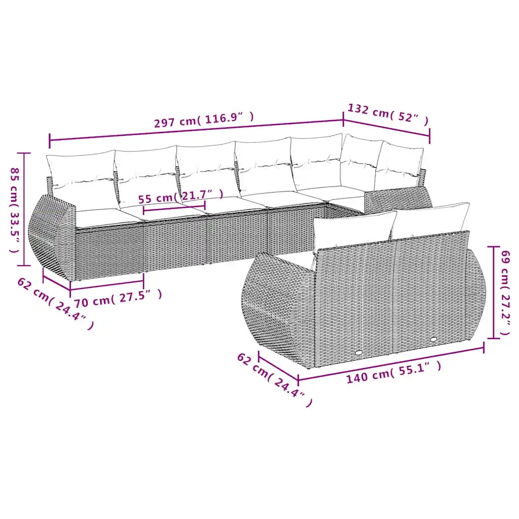 Set Divani da Giardino 8 pz con Cuscini Marrone in Polyrattan 3253960