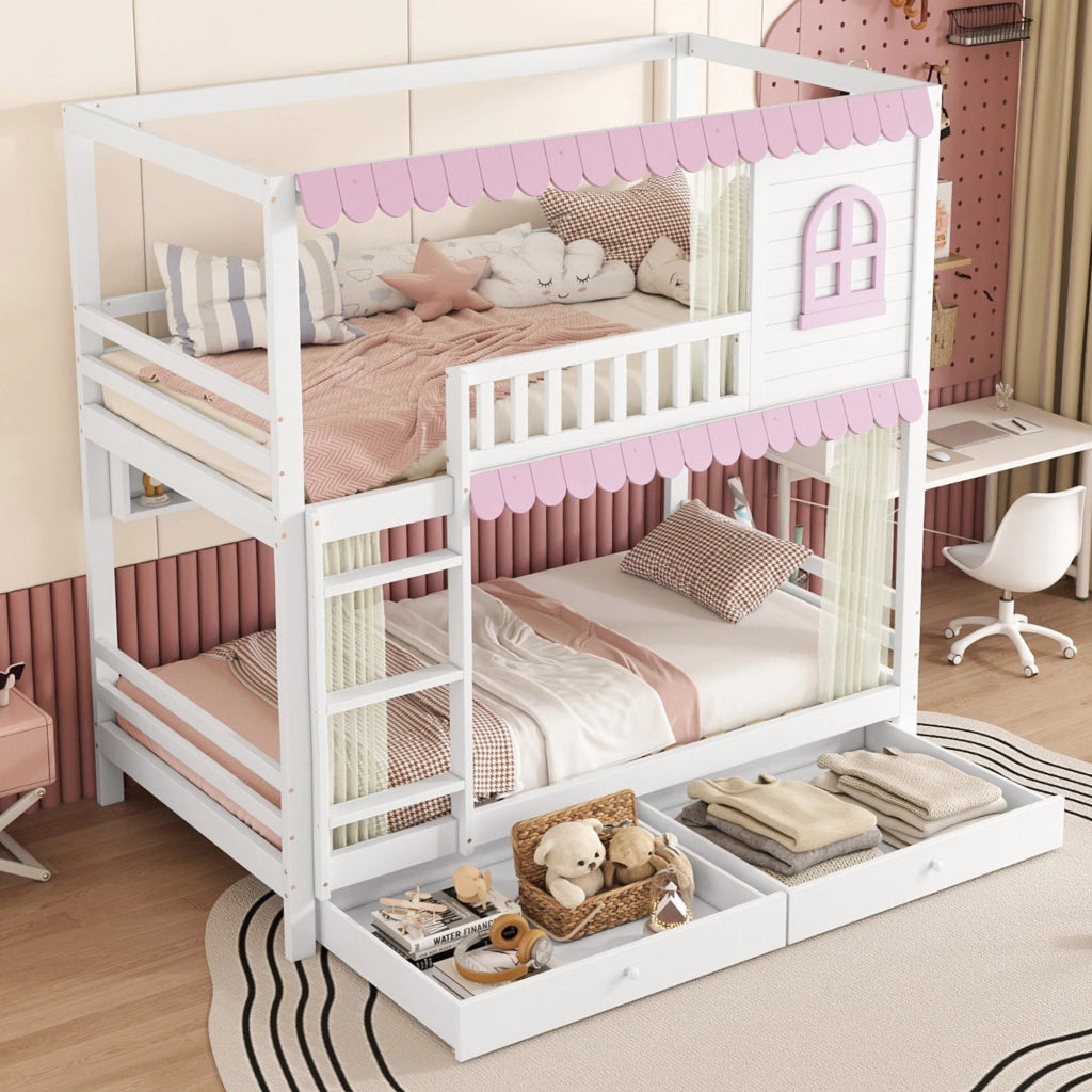 Letto a Castello 90x200 cm; 2 Posti; con Cassetti; Mensole e Scala; in Legno; Bianco Rosa