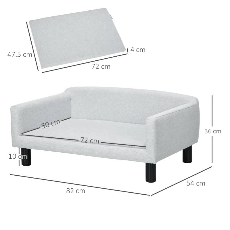 DIVANO PER CANI TAGLIA MEDIA E PICCOLA VELLUTATO CON CUSCINO, BRACCIOLI E SCHIENALE, 82X54X36 CM, GRIGIO CHIARO