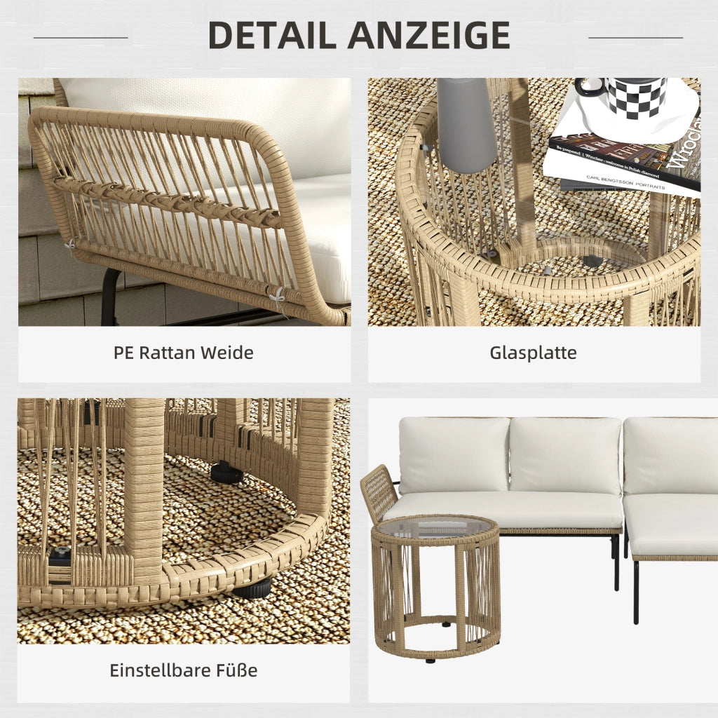 Set di mobili da giardino in rattan con lettino prendisole, tavolino da caff¨¨, divanetto e cuscini color crema per terrazza e balcone.