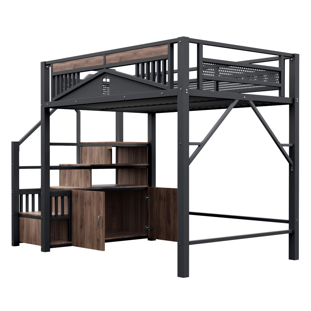 LETTO a soppalco 140x200 cm metallo e legno nero con scala laterale