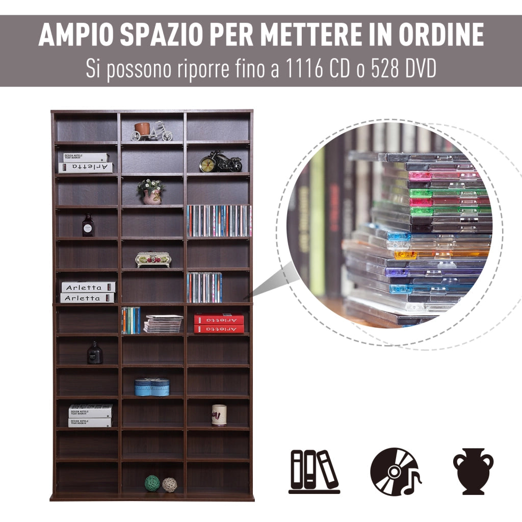 EasyComfort Mobile Porta CD con Ripiani Regolabili, Scaffale Porta 1116CD/528DVD Salvaspazio in MDF, Mobile Libreria con 36 Scomparti, 102x23.5x195 cm, Marrone