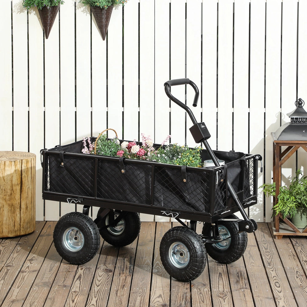 Carrello da Giardino 105x51x54 cm da 114L con Sacca Portaoggetti e Pareti Rimovibili in Acciaio Nero