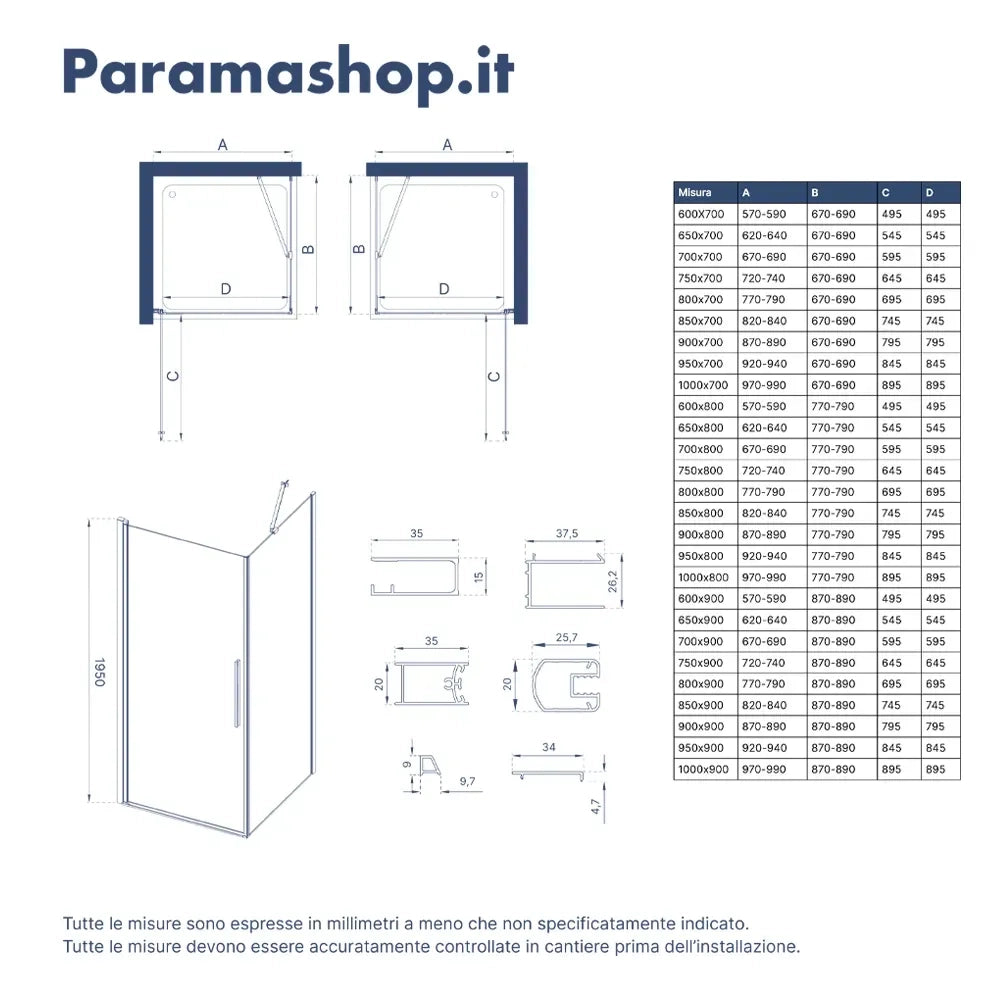 Box doccia 80x90cm con apertura a battente e parete fissa, profili cromati e vetro da 6mm opaco h195 | Elba