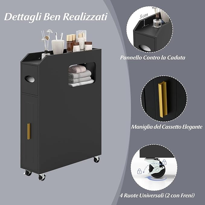 Credenza da Bagno Piccolo, Mobile Salvaspazio Stretto e Slim con Cassetto Scorrevole, Porta Fazzoletti, Portascopino e Ruote Bloccabile, Armadietto per Spazi Ridotti (Nero)
