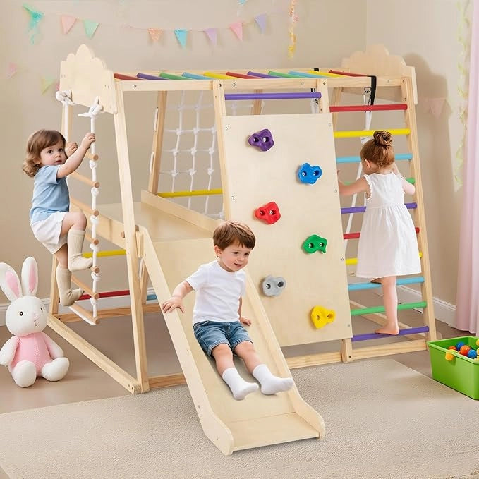 8 in 1 Set da Arrampicata per Bambini, Palestra in Legno da Interno con Sbarre Scivolo Altalena Scala in Corda e Roccia/Rete da Arrampicata, per Bambini 3 Anni+ (Colorato)