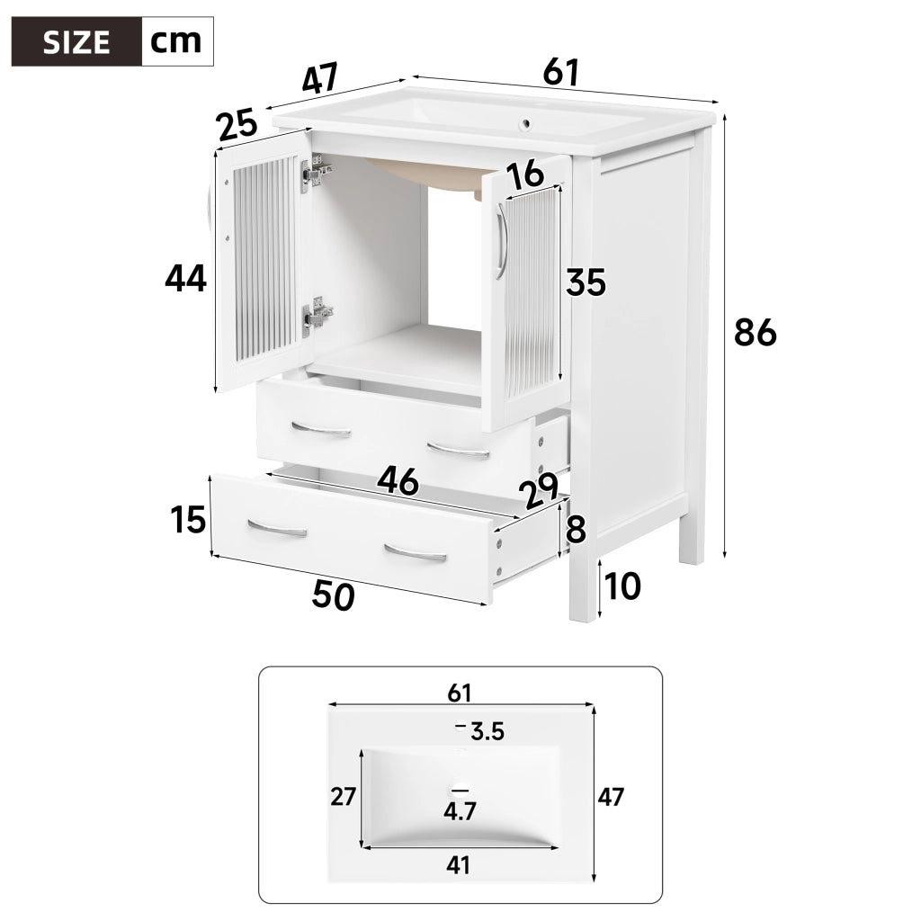 Mobile bagno con 2 cassetti; anta in vetro rigato e lavabo in ceramica con troppopieno per bagno; bianco; 61×47×86 cm