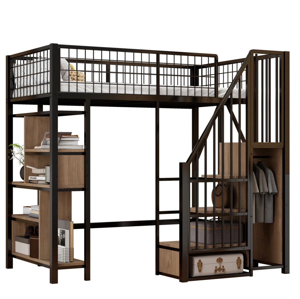 Letto a soppalco 90x200 cm con scala contenitore e vani portaoggetti