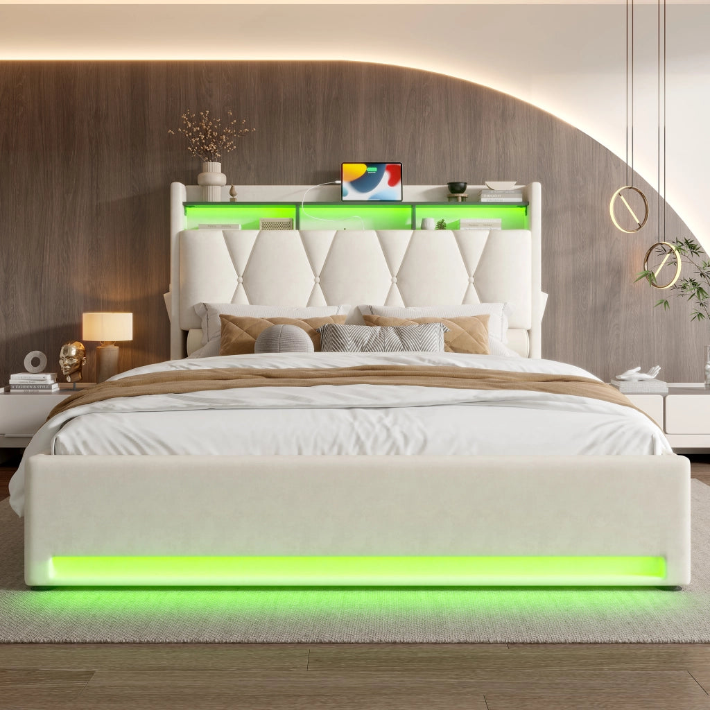 Letto Contenitore 160x200 cm con LED; USB e Type-C; Ripiano Testiera; Beige