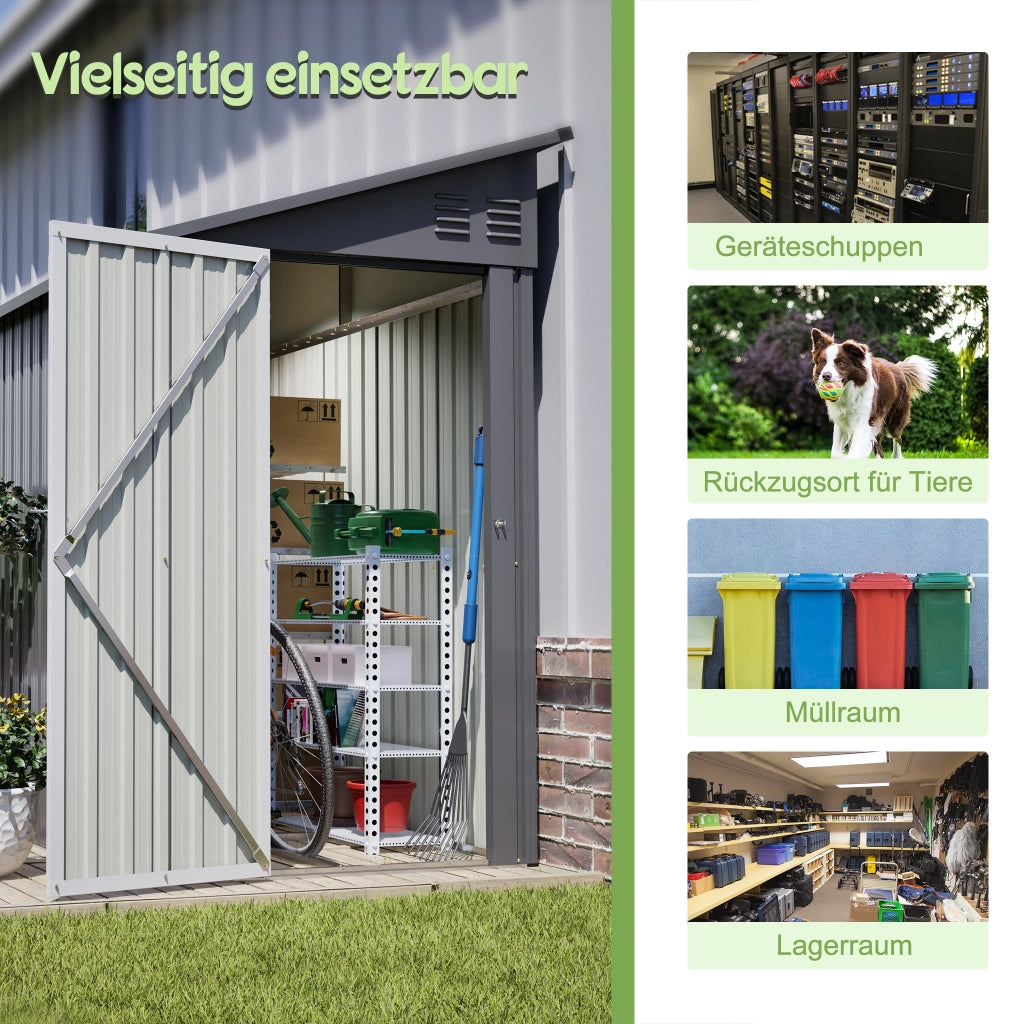 Capanno da giardino in metallo di 4'x8'; capanno di estensione con porta chiudibile a chiave e 2 bocchette; deposito attrezzi per giardino e patio; grigio