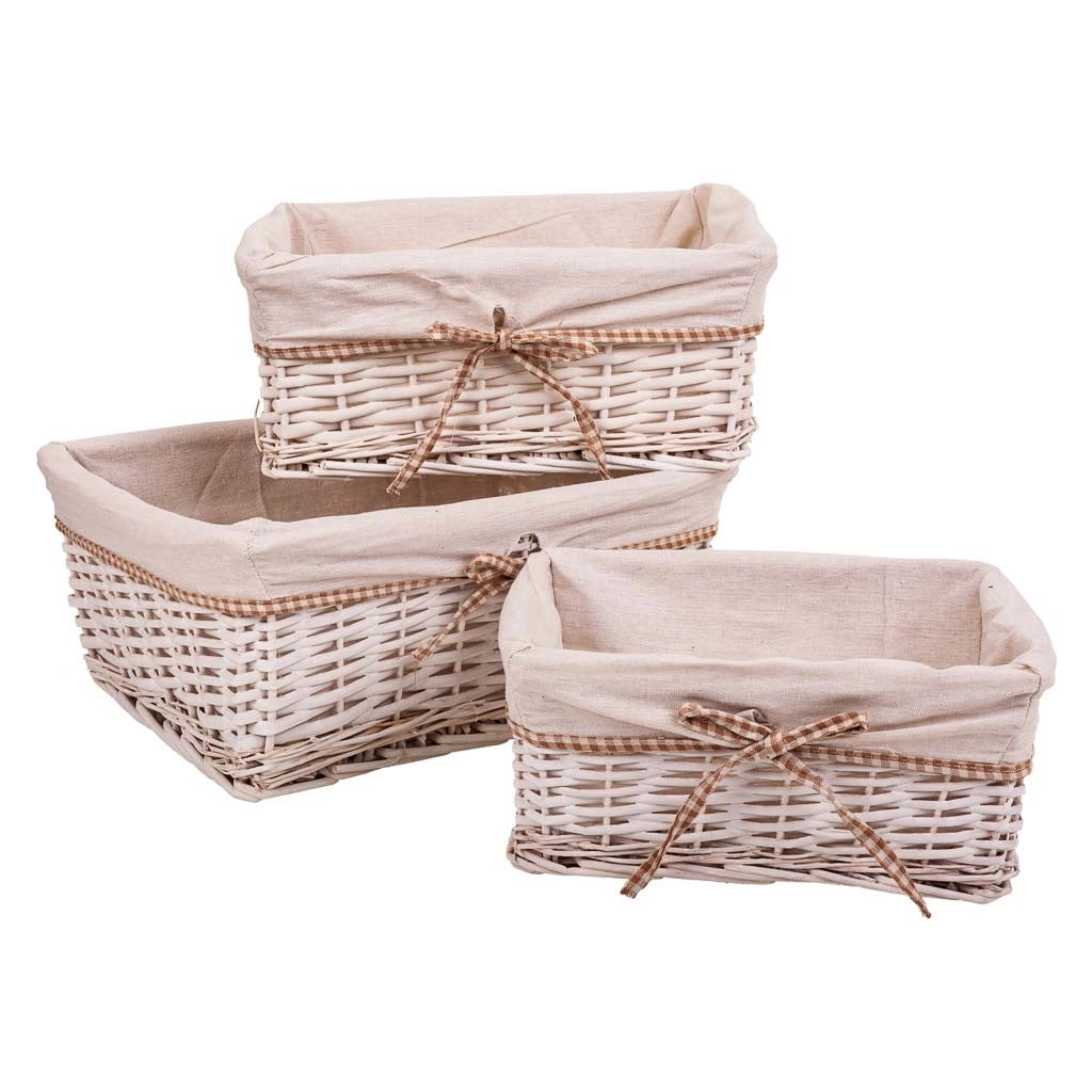 Set di 3 cestini in vimini foderati di bianco