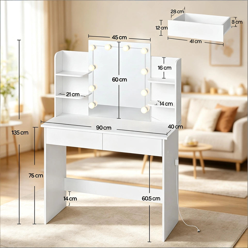 Toeletta con specchio LED; 4 ripiani; 2 cassetti e piano contenitore per camera da letto; 90×40×135 cm; bianca