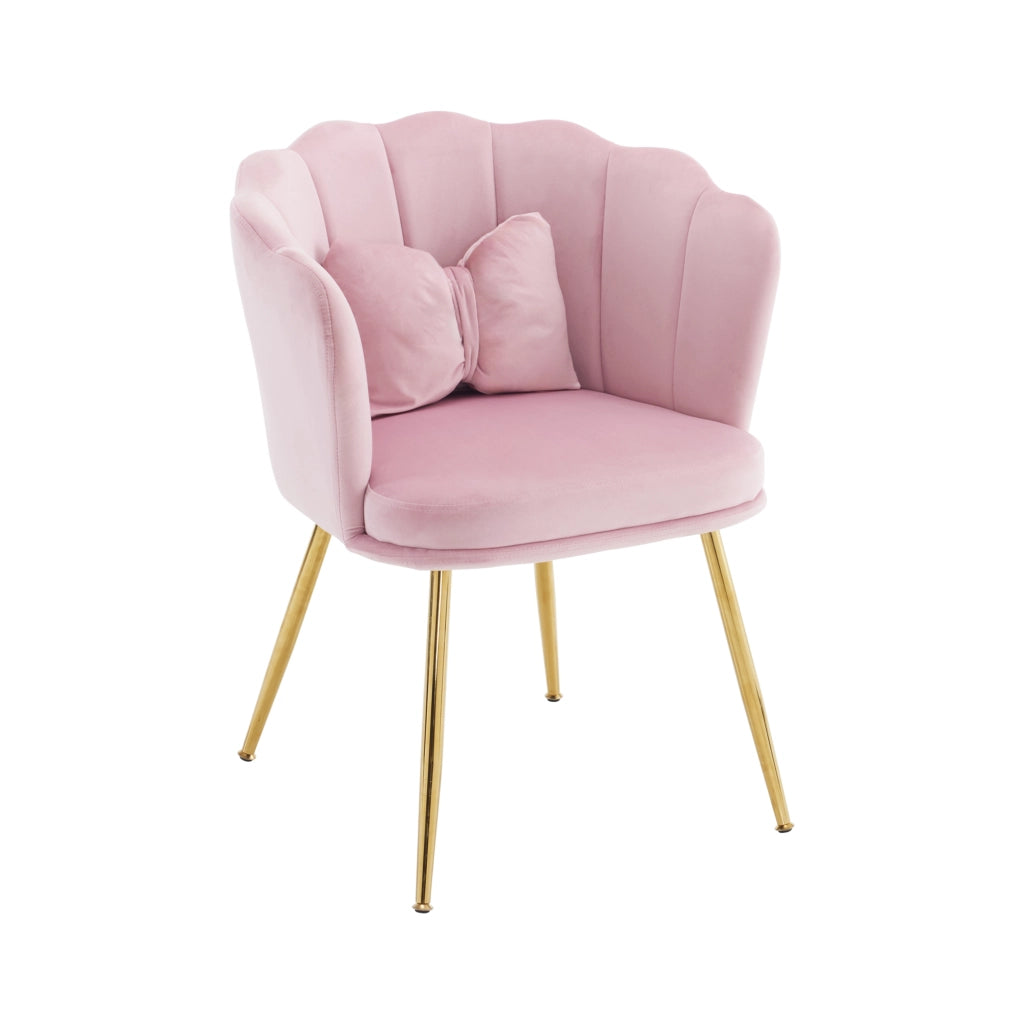 Poltrona da salotto in velluto rosa con schienale a petalo, cuscino schmetterling e gambe in metallo dorato