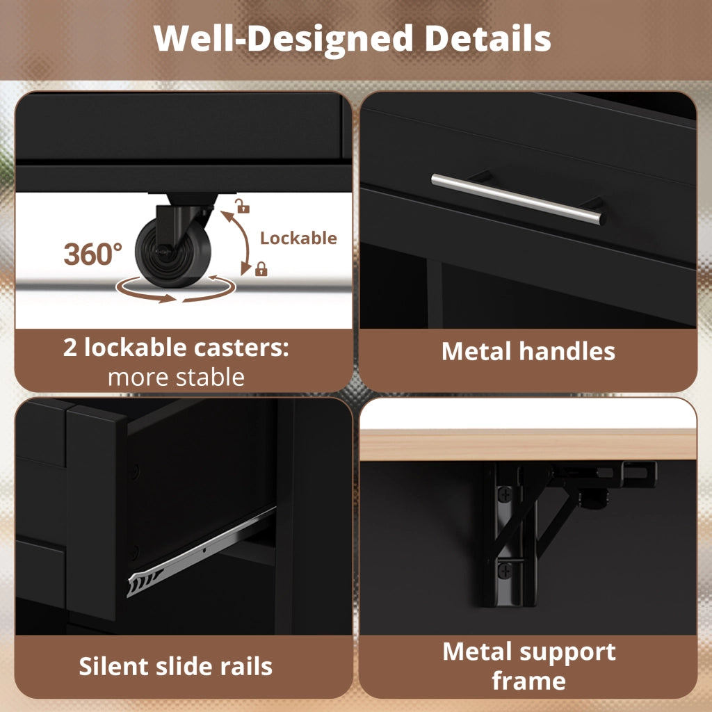 Carrello da Cucina Multifunzione con Piano Pieghevole, Portabottiglie, Portabicchieri ¨C Xylo ¨C Nero, 120x45x92 cm