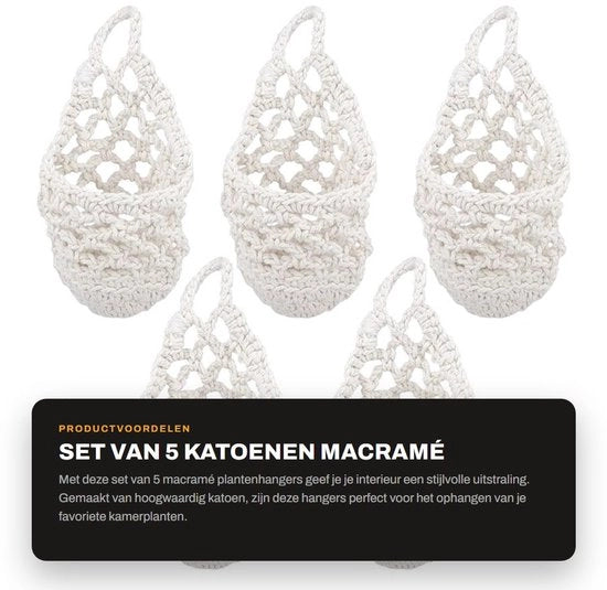 Set di 5 Hanger per Fiori a Macramé - Hanger per Piante - Supporto per Piante - Decorazione per Parete - 20 x 10 cm Filo di Cotone