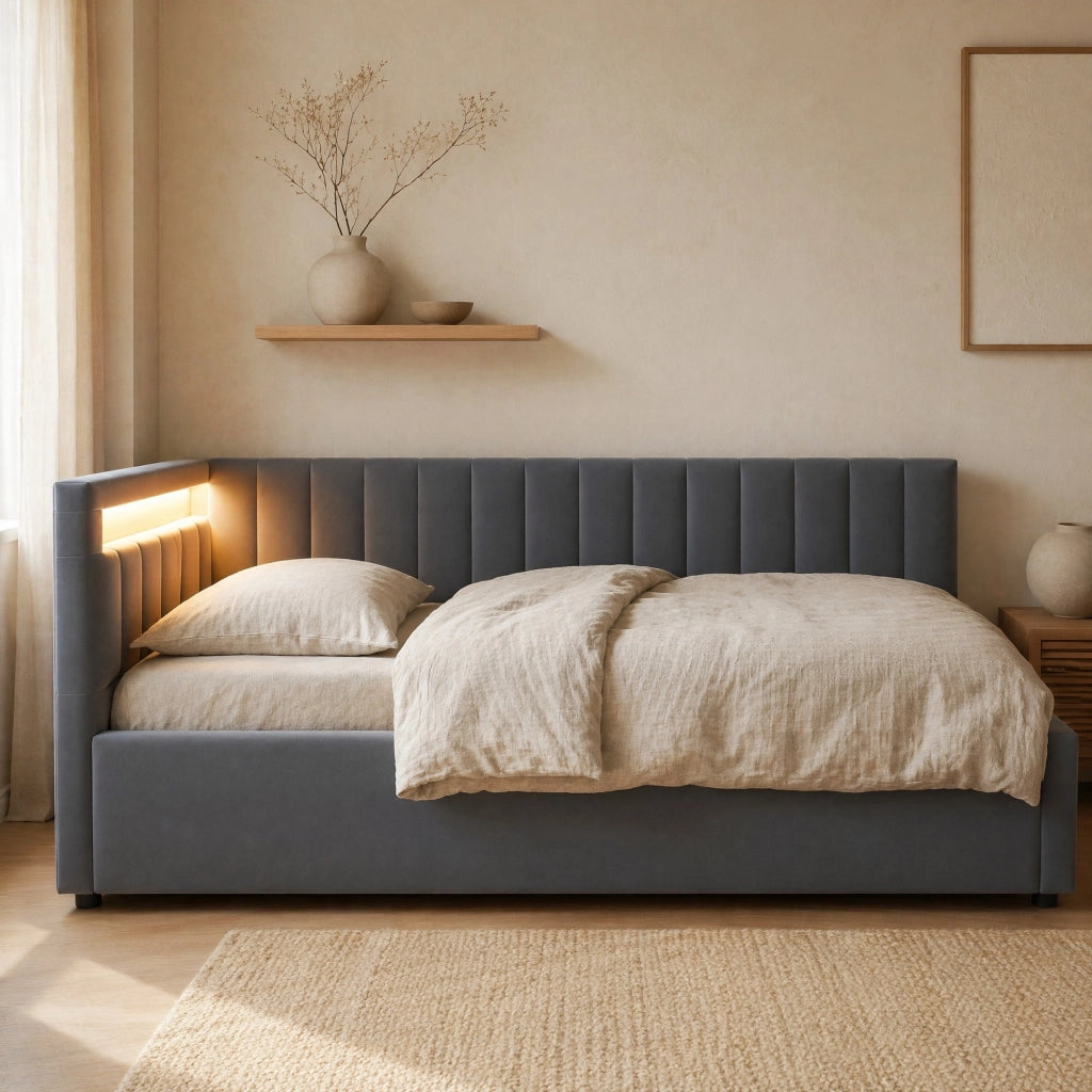 LETTO Divano imbottito 90x200 cm in velluto grigio con LED e contenitore