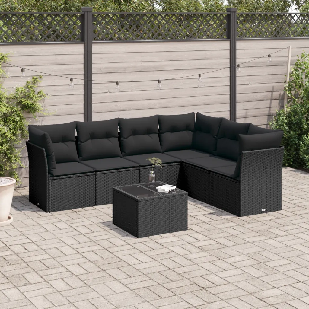 Set Divani da Giardino con Cuscini 7pz Nero Polyrattan