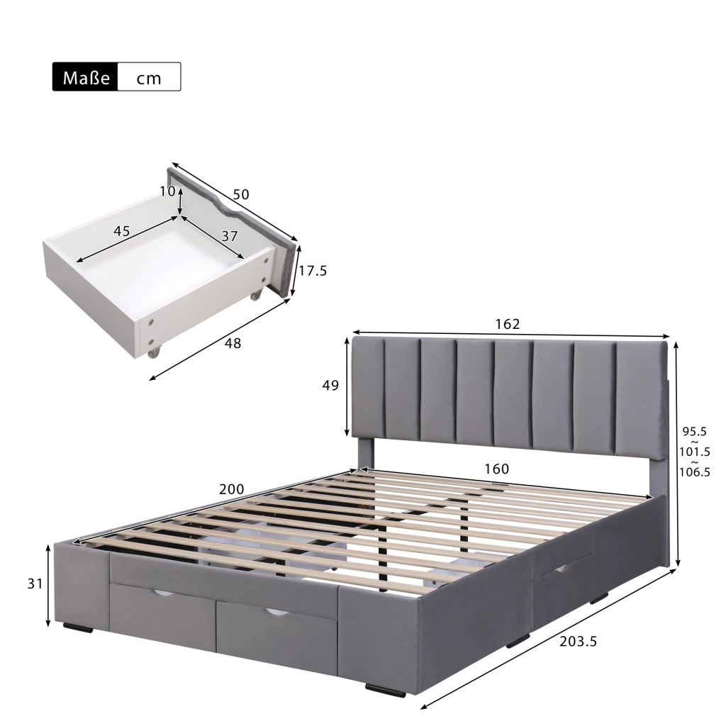 DESMIU Letto imbottito 160 × 200 cm 2 posti con 4 cassetti, testiera regolabile, senza materasso, in velluto grigio