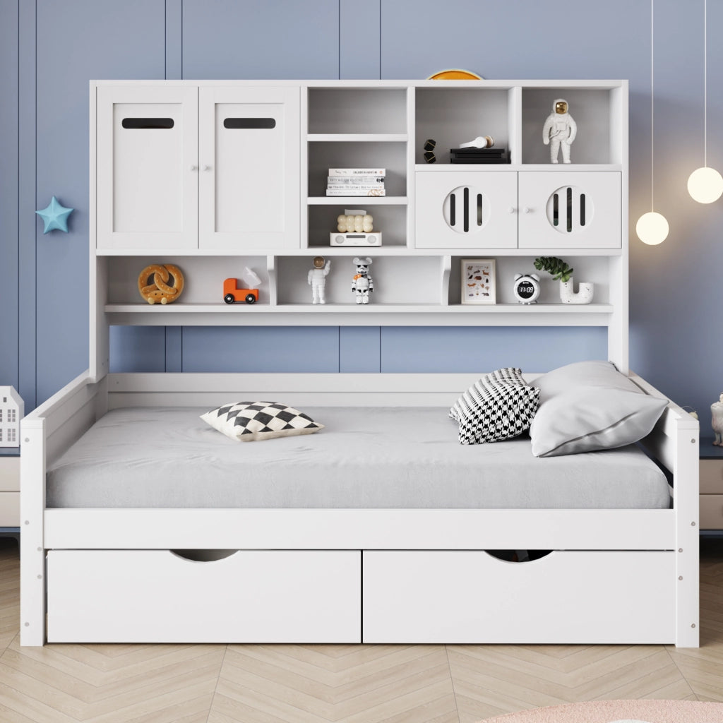 Letto multifunzione 90 x 200 cm in legno con ampio spazio contenitivo, 2 cassetti grandi, struttura bianca, senza materasso