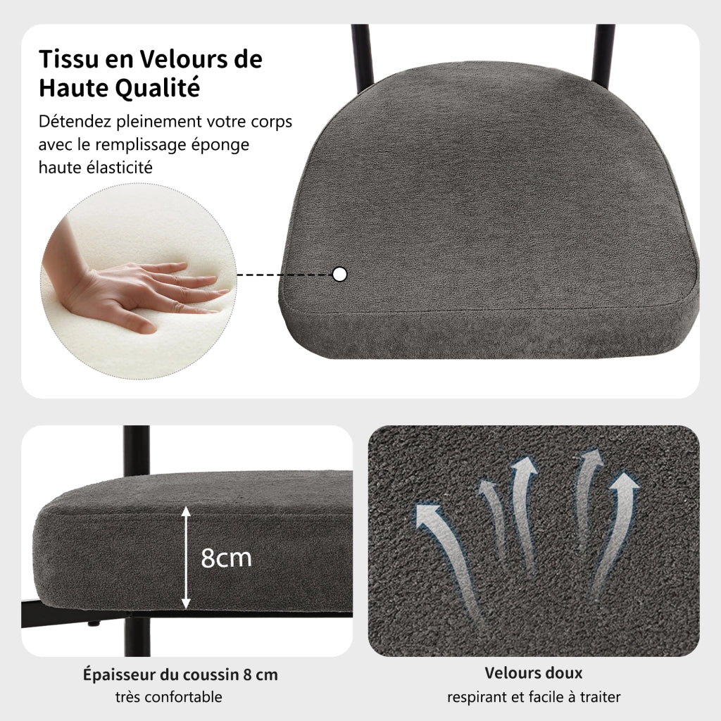 Sedia da Pranzo Poltrona Ergonomica Seduta Ampia con Struttura in Ferro e Tessuto Scamosciato Grigio Scuro