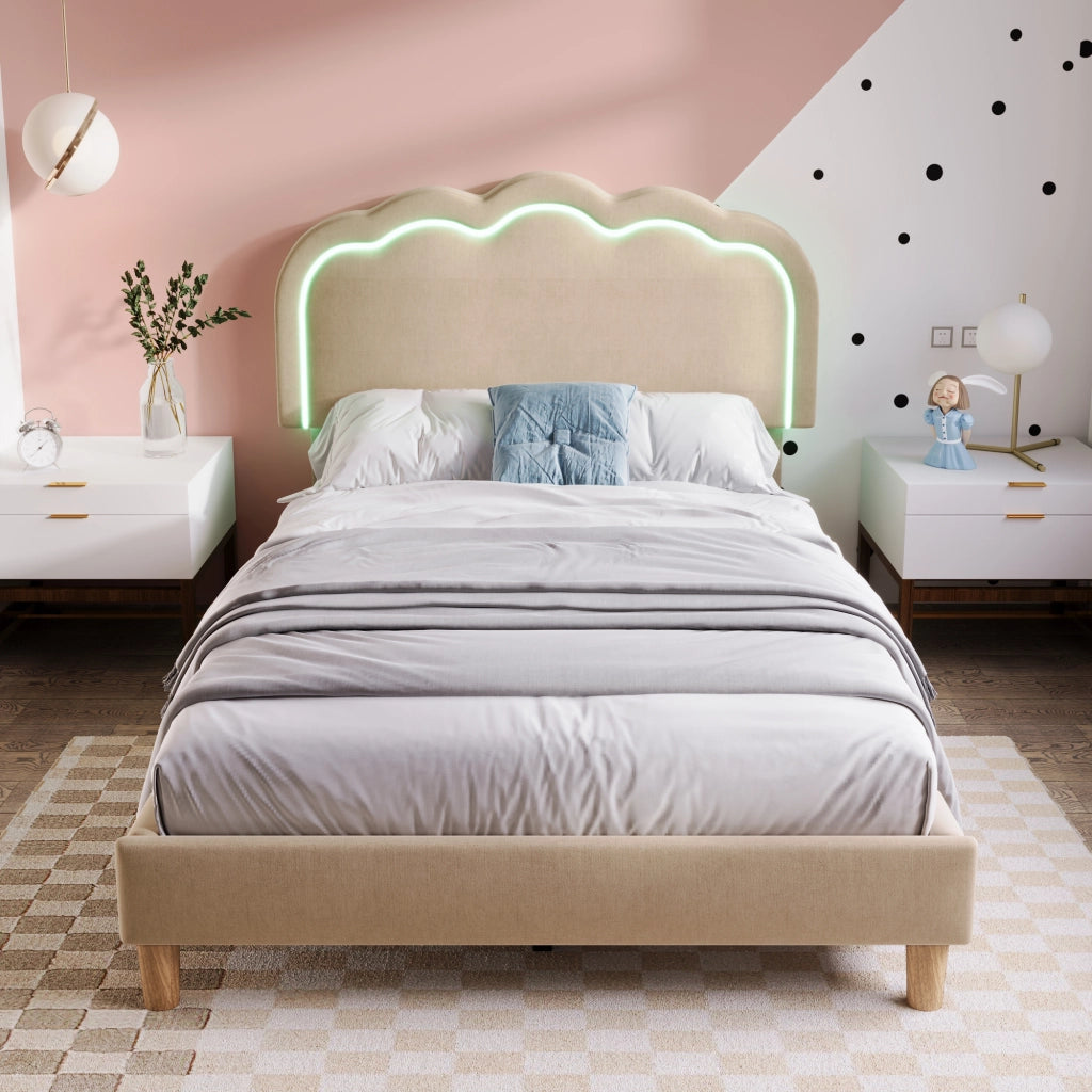 letto imbottito lino beige 90 x 190 cm
