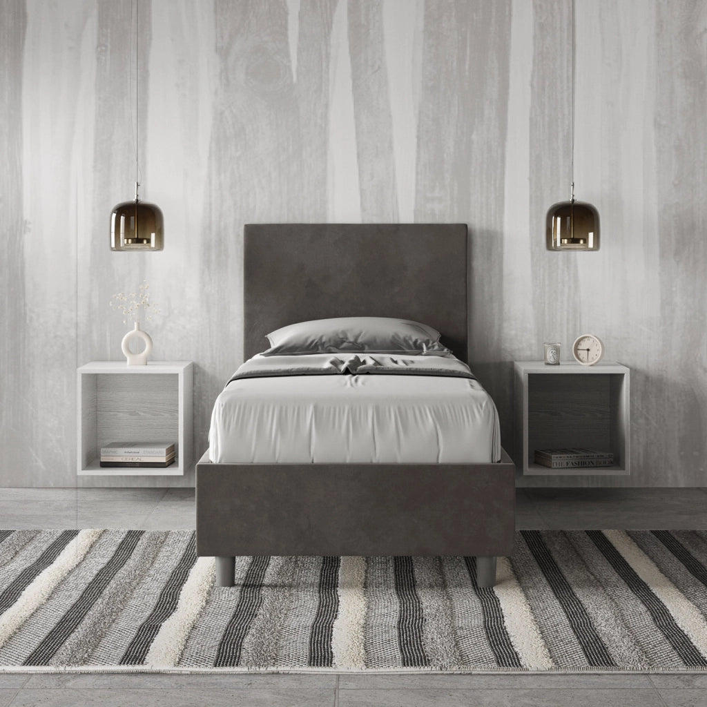 BS COM Letto singolo con rete imbottito 80x210 microfibra grigio